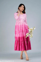 Pink cotton lurex dyed ombre Anarkali gown, embellished three-quarter sleeve dress for women, handwork on yoke, round neck, 48" length, India origin